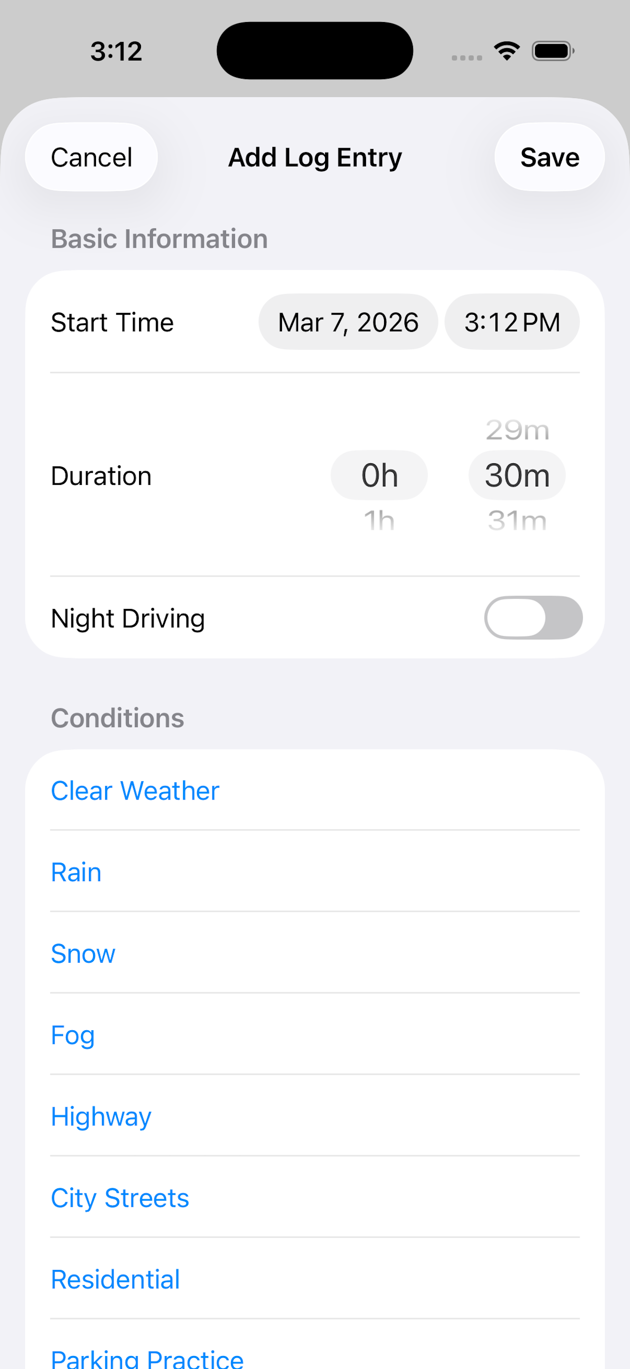 Drive log history screen