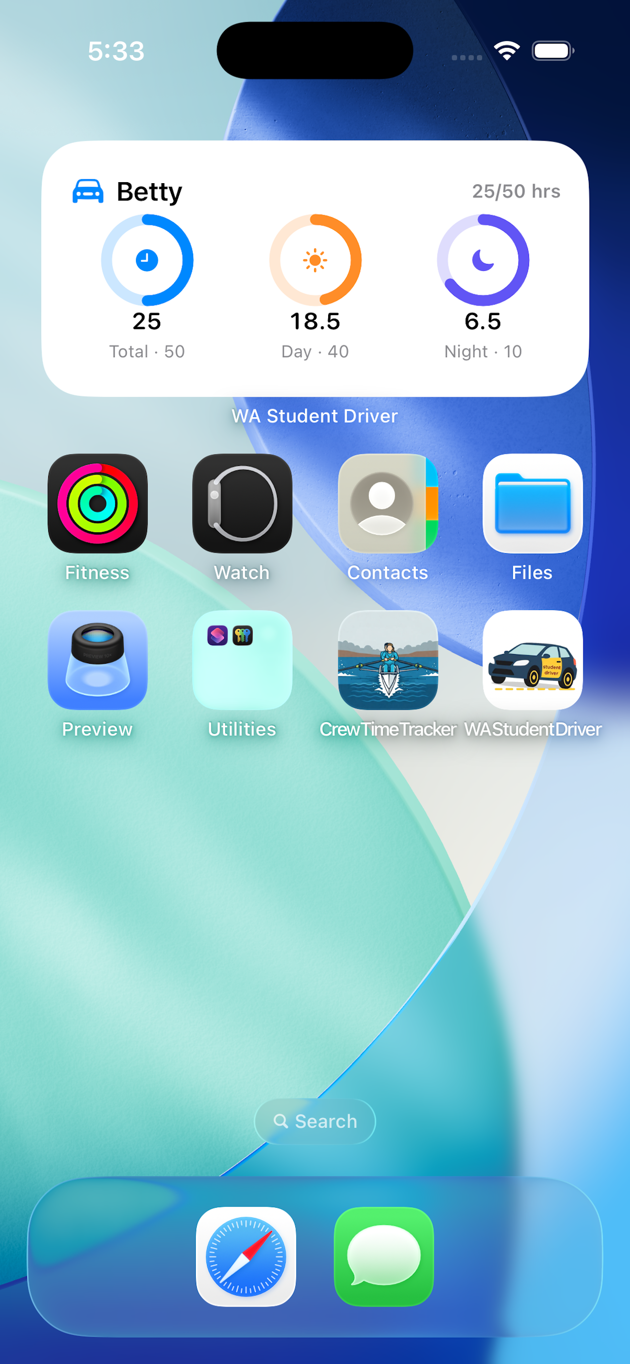 WA Student Driver home screen widget showing driving hours
