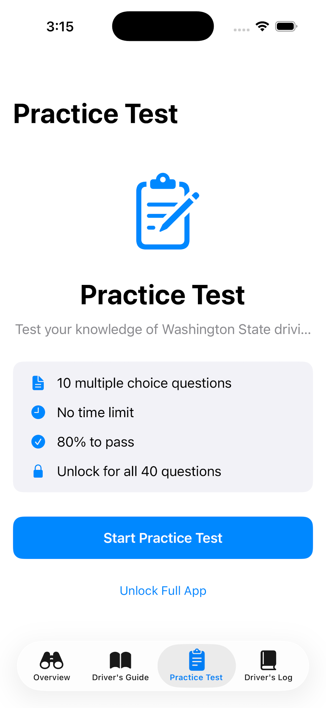 Practice test screen
