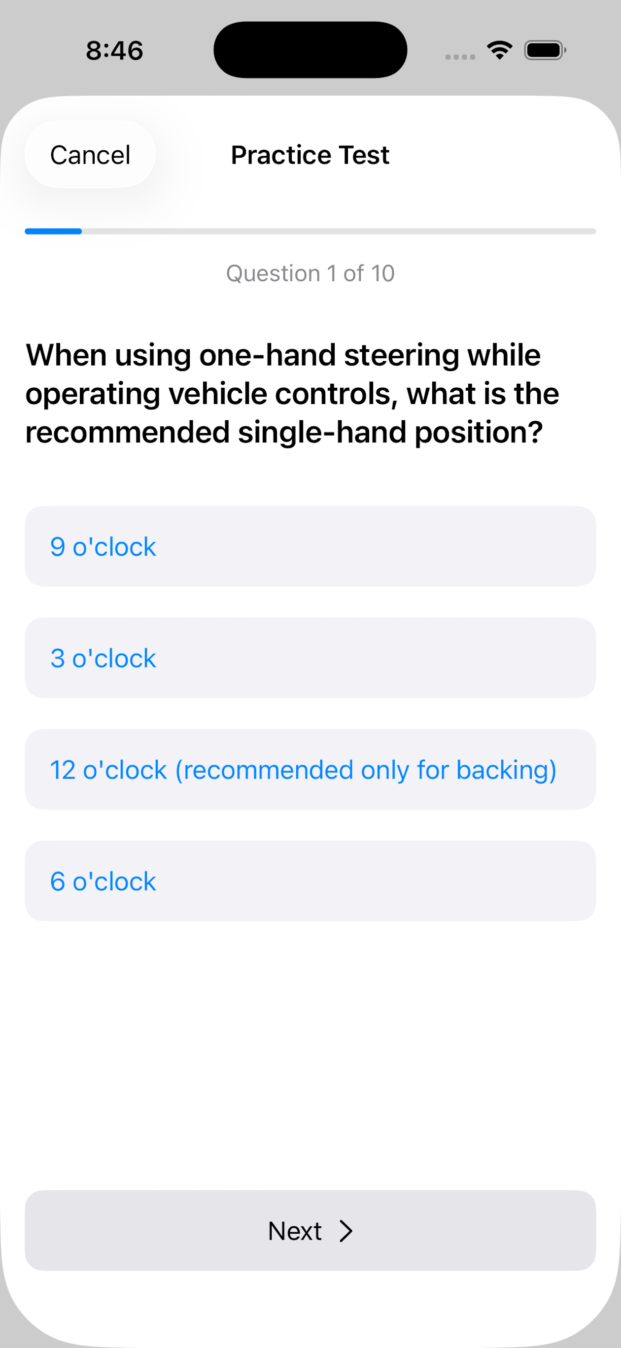 Practice answer screen