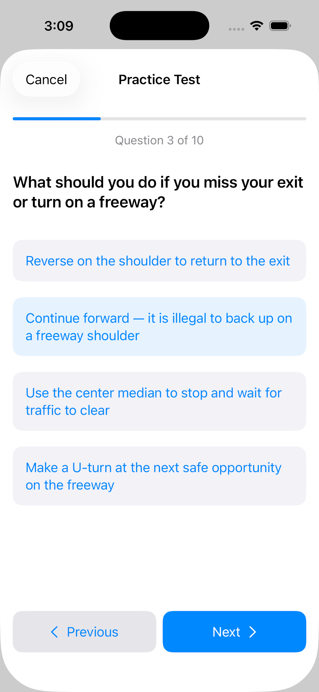 Practice test screen