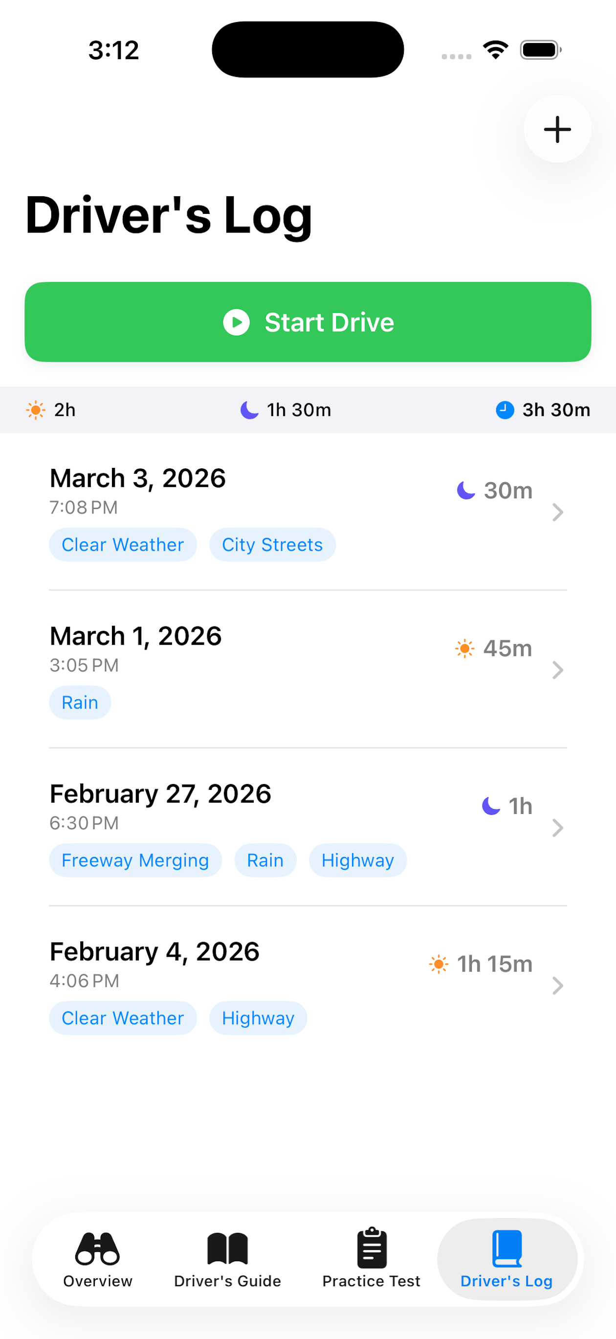 Drive log screen